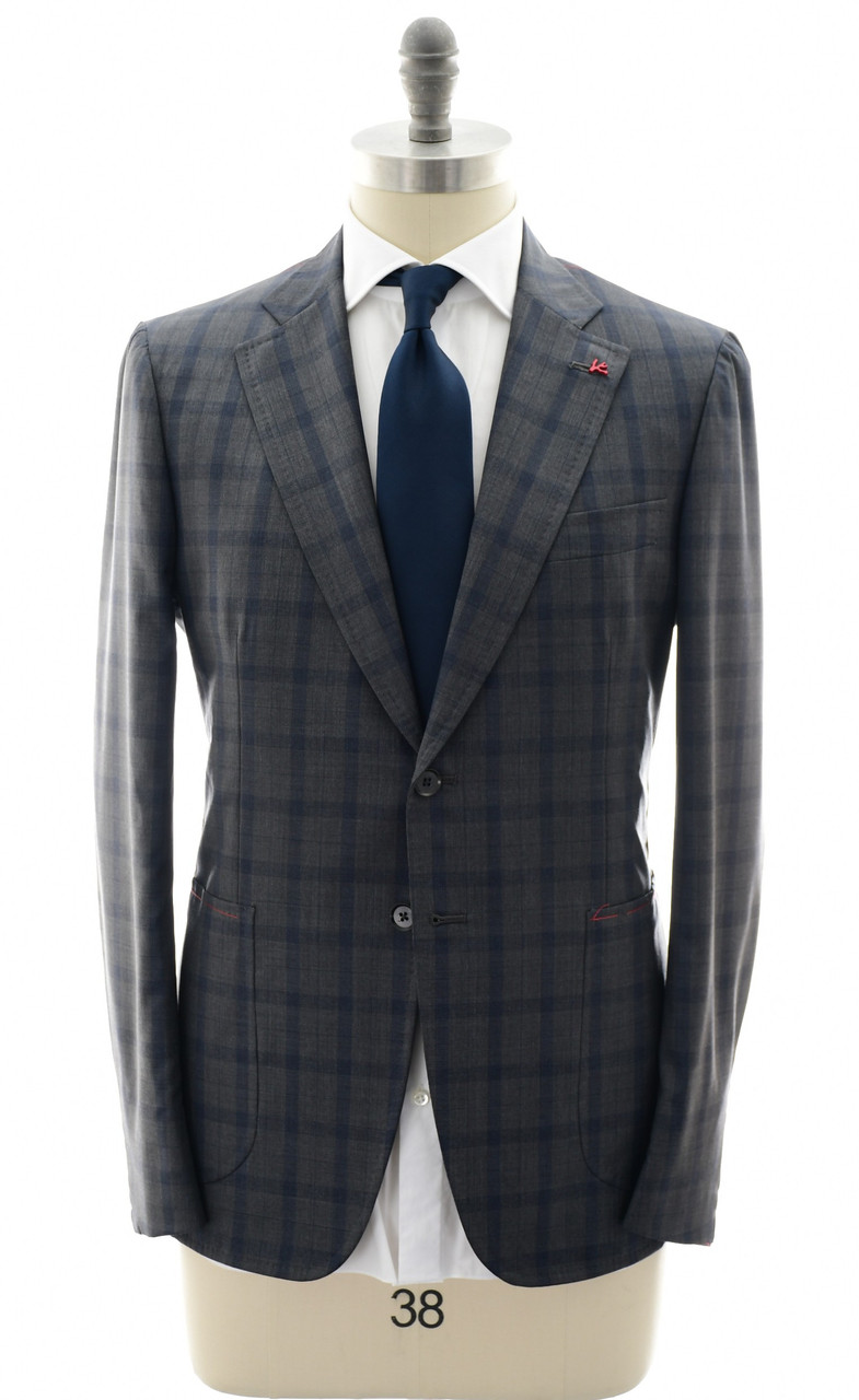 Isaia Napoli Gray Blue Plaid 100% Wool Suit